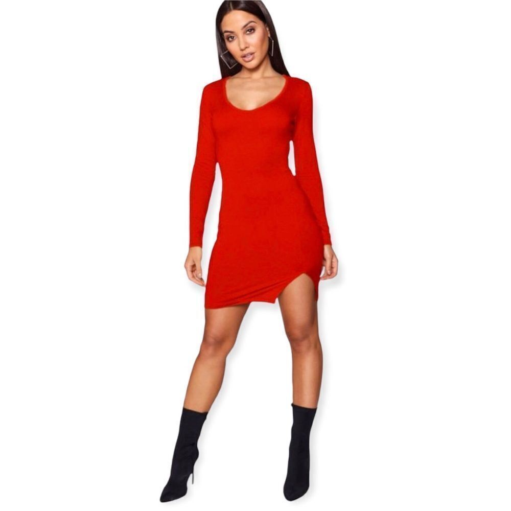 🆕Boohoo Long Sleeve Split Front Red Mini Dress